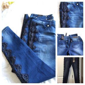 Dark Blue Denim Straight Leg Jeans w/Black Side Lace Trim ~ Sz- 11/12. NWT.
